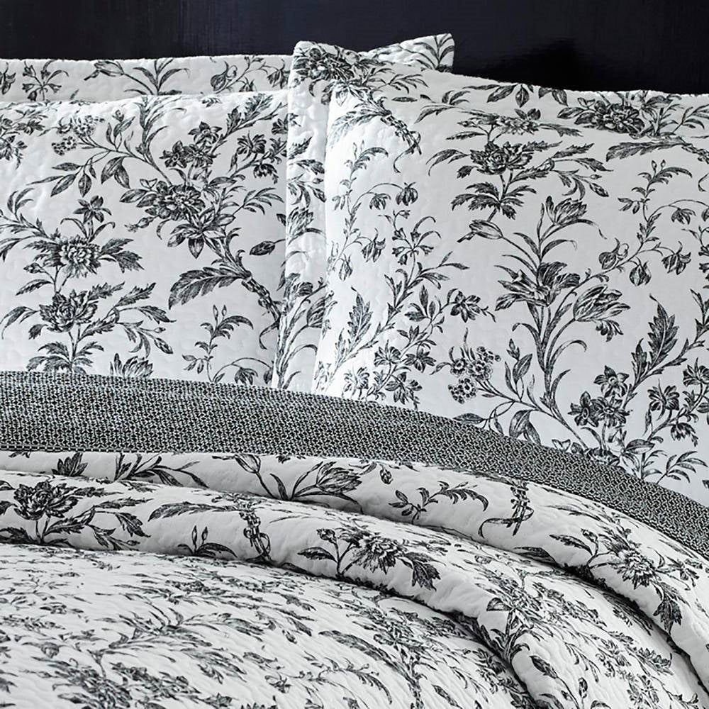 Full Queen Cotton Floral 3-Piece Reversible Quilt Set in Black Grey White - Deals Kiosk