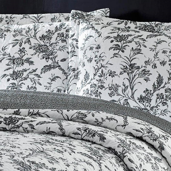 Full Queen Cotton Floral 3-Piece Reversible Quilt Set in Black Grey White - Deals Kiosk