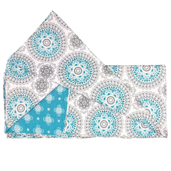 Full / Queen 3-Piece Cotton Quit Set in Aqua Blue White and Grey Floral Pattern - Deals Kiosk