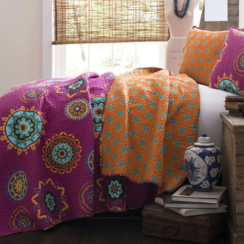 Full / Queen Fushia Pink Orange Blue Paisley Geometric 100% Cotton 3 Piece Quilt Coverlet Bedspread Set - Deals Kiosk