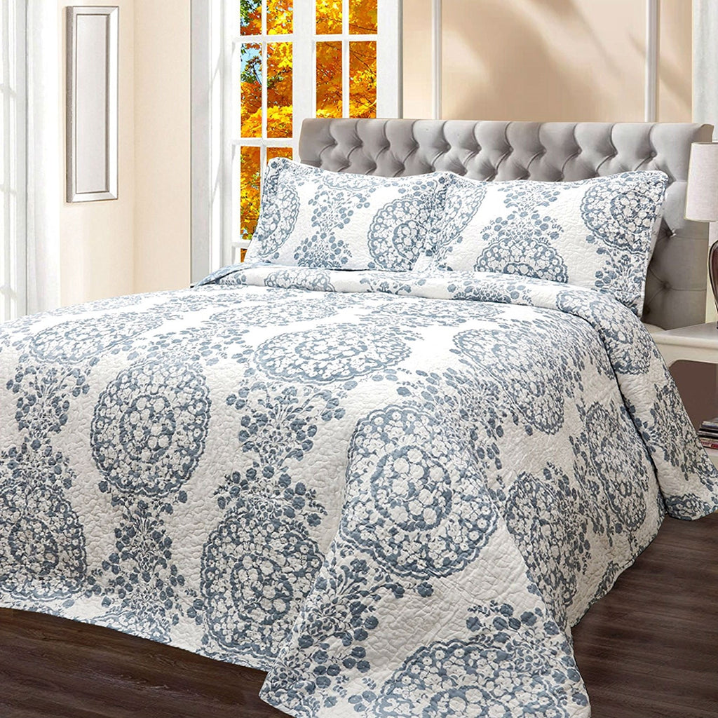 Full / Queen 3-Piece Reversible Cotton Quilt Set with White Blue Floral Medallion Pattern - Deals Kiosk