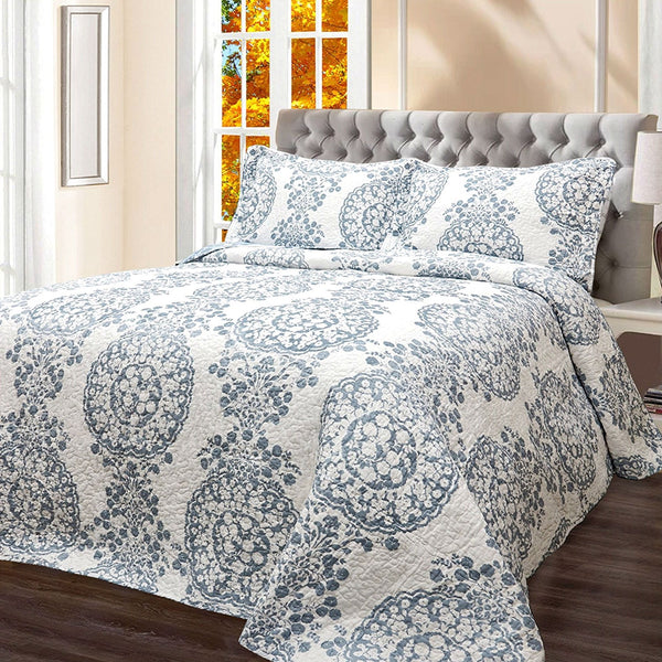 Full / Queen 3-Piece Reversible Cotton Quilt Set with White Blue Floral Medallion Pattern - Deals Kiosk
