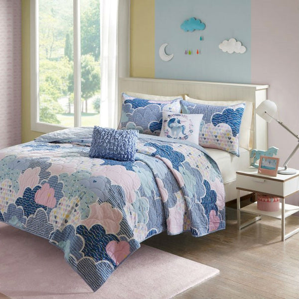 Full/Queen Kids Blue Pink Unicorn Clouds Quilt Coverlet Bedspread Set - Deals Kiosk