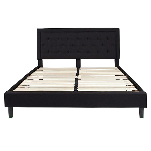 King Black Fabric Upholstered Platform Bed Frame with Button Tufted Headboard - Deals Kiosk
