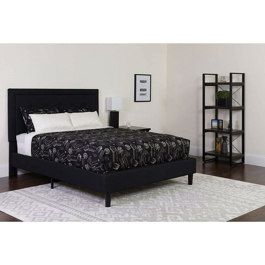 King Black Fabric Upholstered Platform Bed Frame with Button Tufted Headboard - Deals Kiosk