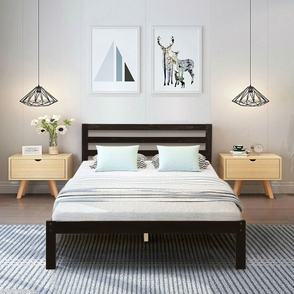 Full size Wooden Platform Bed Frame with Headboard in Espresso - Deals Kiosk