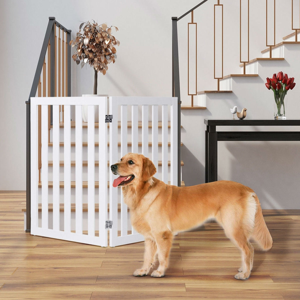Folding 2-Panel Dog Gate Pet Fence Barrier in White Wood Finish - Deals Kiosk