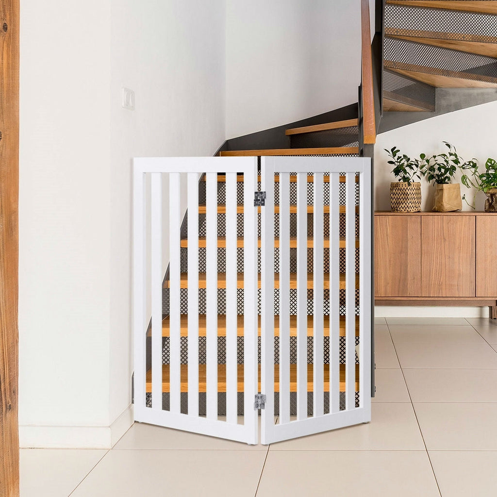 Folding 2-Panel Dog Gate Pet Fence Barrier in White Wood Finish - Deals Kiosk