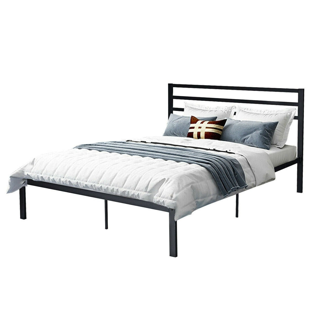Full Steel Platform Bed Frame with Headboard in Black Metal Finish - Deals Kiosk