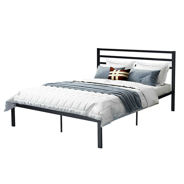 Full Steel Platform Bed Frame with Headboard in Black Metal Finish - Deals Kiosk