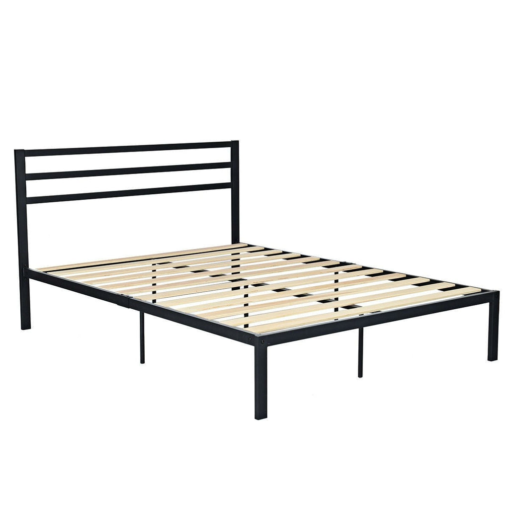 Full Steel Platform Bed Frame with Headboard in Black Metal Finish - Deals Kiosk