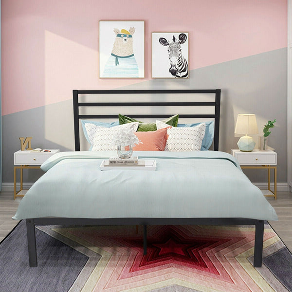 Full Steel Platform Bed Frame with Headboard in Black Metal Finish - Deals Kiosk