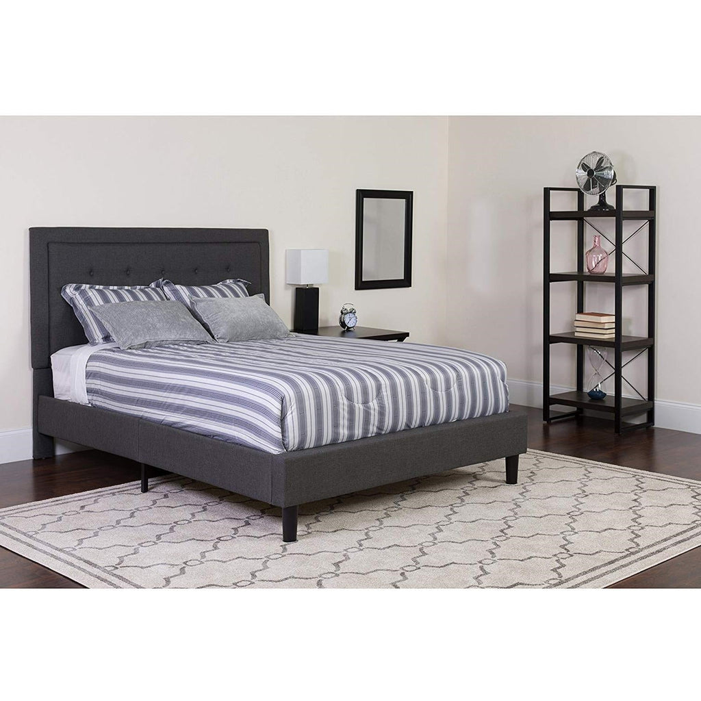 Full size Dark Grey Fabric Upholstered Platform Bed Frame with Tufted Headboard - Deals Kiosk