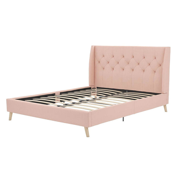 Full size Pink Linen Upholstered Mid-Century Style Platform Bed - Deals Kiosk