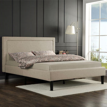 Full size Taupe Upholstered Platform Bed with Classic Headboard - Deals Kiosk