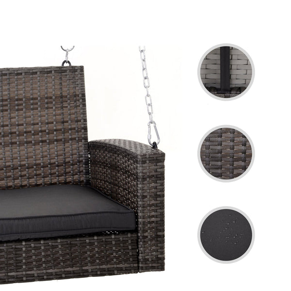 Grey Tones Wicker Porch Swing 7ft Hanging Chain with Dark Grey Padded Cushion - Deals Kiosk