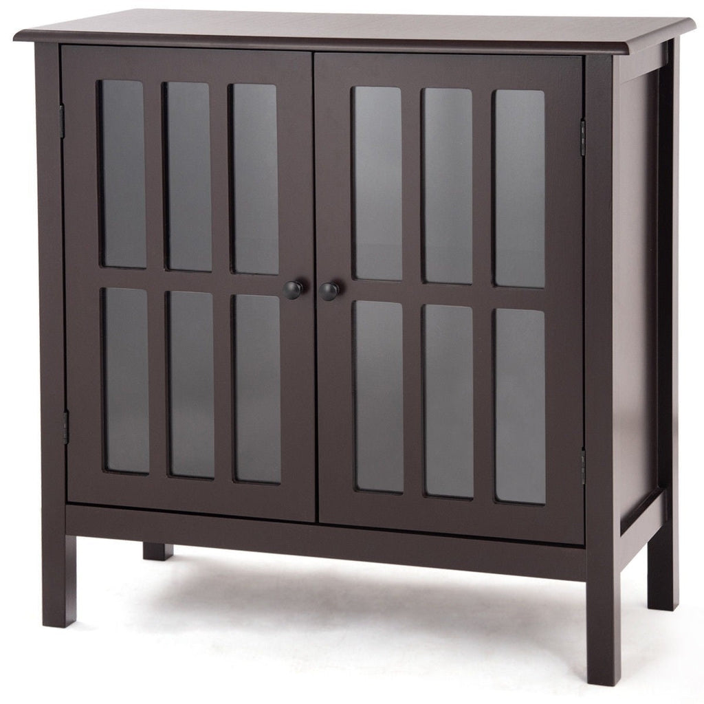 Brown Wood Sideboard Buffet Cabinet with Glass Panel Doors - Deals Kiosk