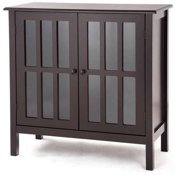 Brown Wood Sideboard Buffet Cabinet with Glass Panel Doors - Deals Kiosk