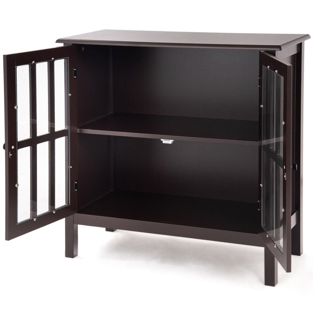 Brown Wood Sideboard Buffet Cabinet with Glass Panel Doors - Deals Kiosk