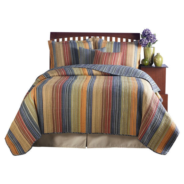 Full / Queen 100% Cotton Quilt Set with Red Orange Blue Brown Stripes - Deals Kiosk