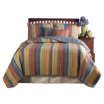 King size 100% Cotton Quilt Set with Brown Orange Red Blue Stripes - Deals Kiosk