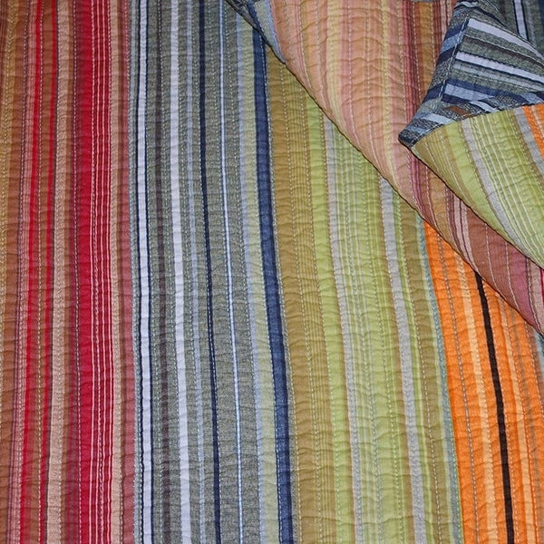 King size 100% Cotton Quilt Set with Brown Orange Red Blue Stripes - Deals Kiosk