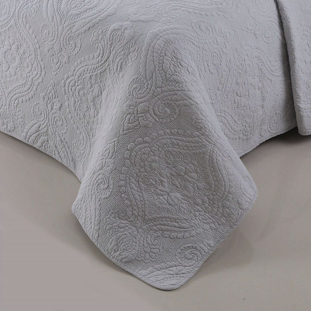 King size 3-Piece Cotton Bedspread and Shams Set in Grey Quilted Damask Pattern - Deals Kiosk