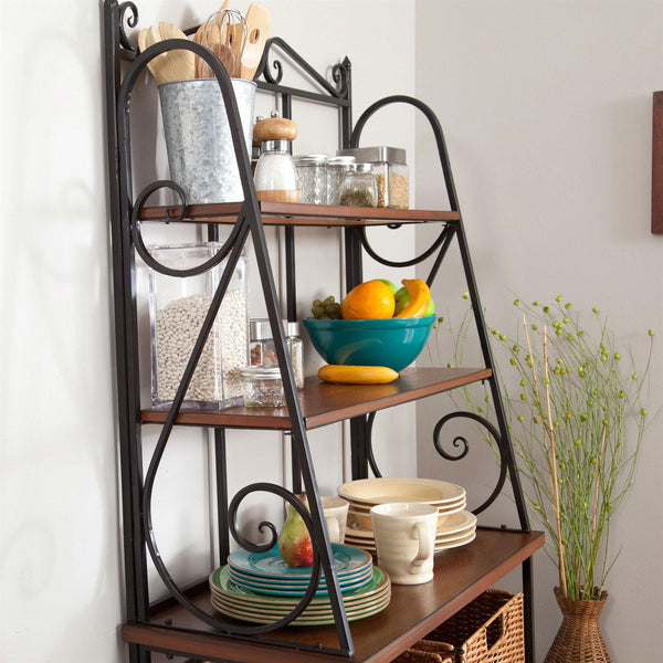 Durable Metal and Wood Bakers Rack with Classic Wicker Basket Storage - Deals Kiosk