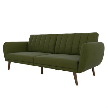 Green Linen Upholstered Futon Sofa Bed with Mid-Century Style Wooden Legs - Deals Kiosk