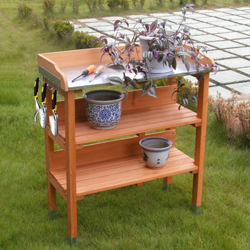 Outdoor Garden Wood Potting Bench Storage Shelf with Metal Top - Deals Kiosk