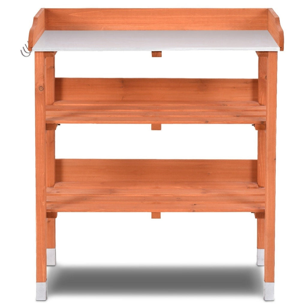 Outdoor Garden Wood Potting Bench Storage Shelf with Metal Top - Deals Kiosk