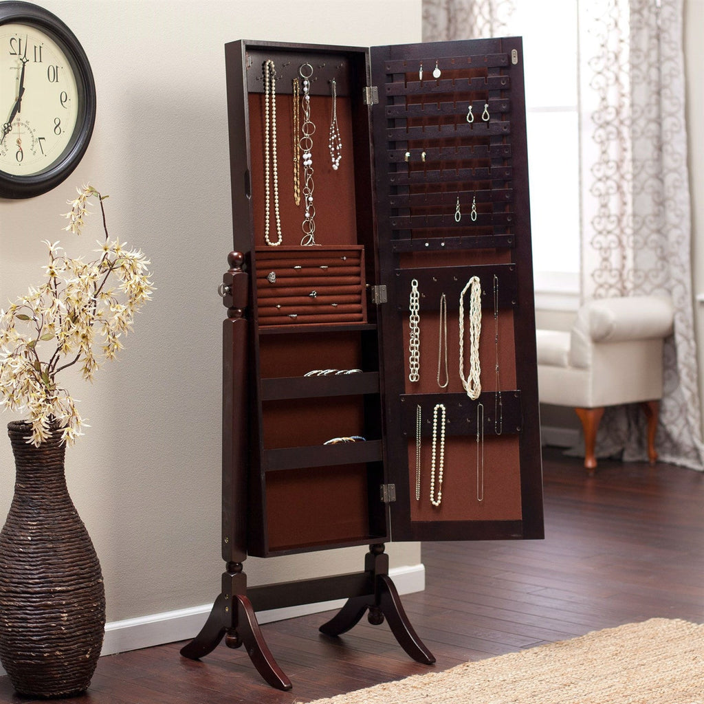 Jewelry Armoire and Full-Length Tilting Mirror in Espresso Brown Wood Finish - Deals Kiosk
