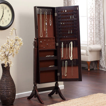 Jewelry Armoire and Full-Length Tilting Mirror in Espresso Brown Wood Finish - Deals Kiosk