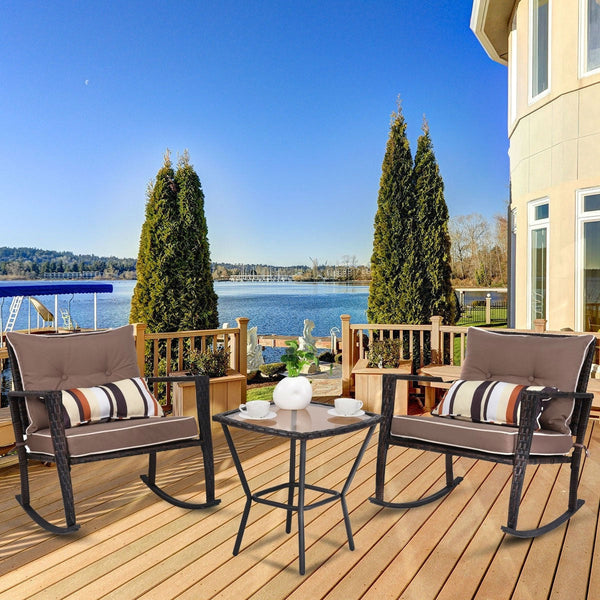Brown 3 Piece Patio Set Rattan Wicker Rocking Chairs with Coffee Table - Deals Kiosk