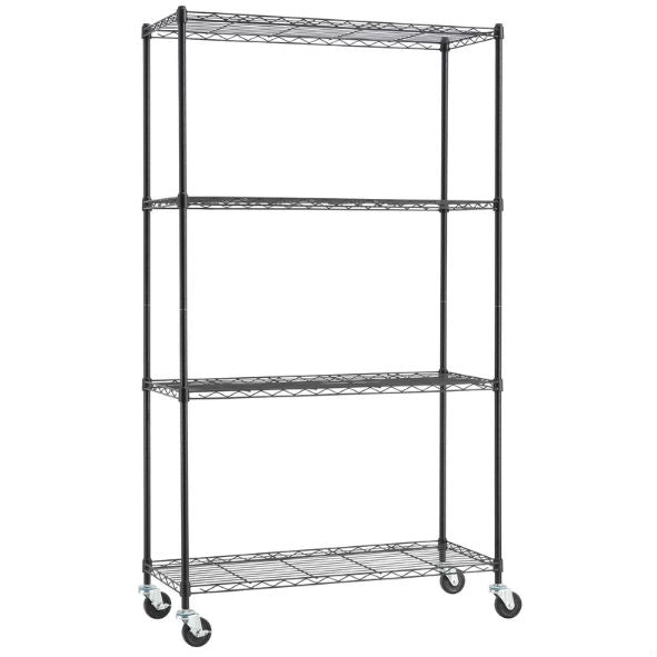 Heavy Duty Black Steel 4-Tier Shelving Unit with Locking Casters - Deals Kiosk