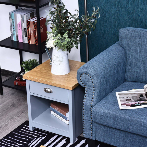 Gray Oak Finish Wood Top 1-Drawer Sofa Table Nightstand with Bottom Shelf - Deals Kiosk
