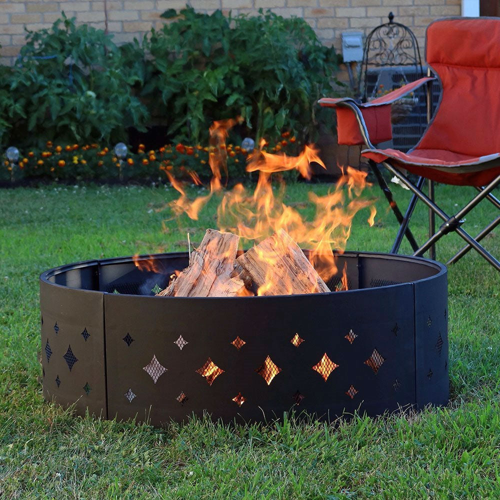 Heavy Duty 36-inch Black Steel Fire Pit Ring with Diamond Pattern - Deals Kiosk