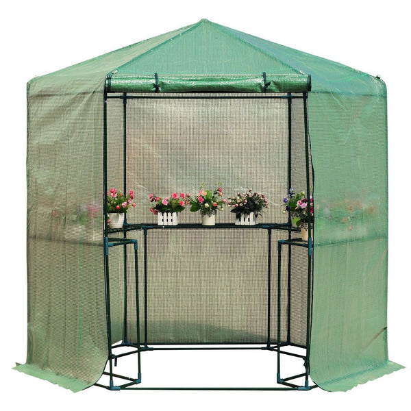 Outdoor Hexagon Greenhouse 6.5 x 7 Ft with Steel Frame PE Cover and Shelves - Deals Kiosk