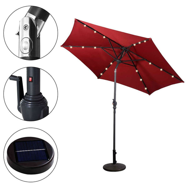 Burgundy 9-Ft Patio Umbrella with Steel Pole Crank Tilt and Solar LED Lights - Deals Kiosk