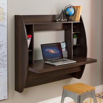 Modern Floating Wall Mounted Home Office Computer Desk in Brown Wood Finish - Deals Kiosk