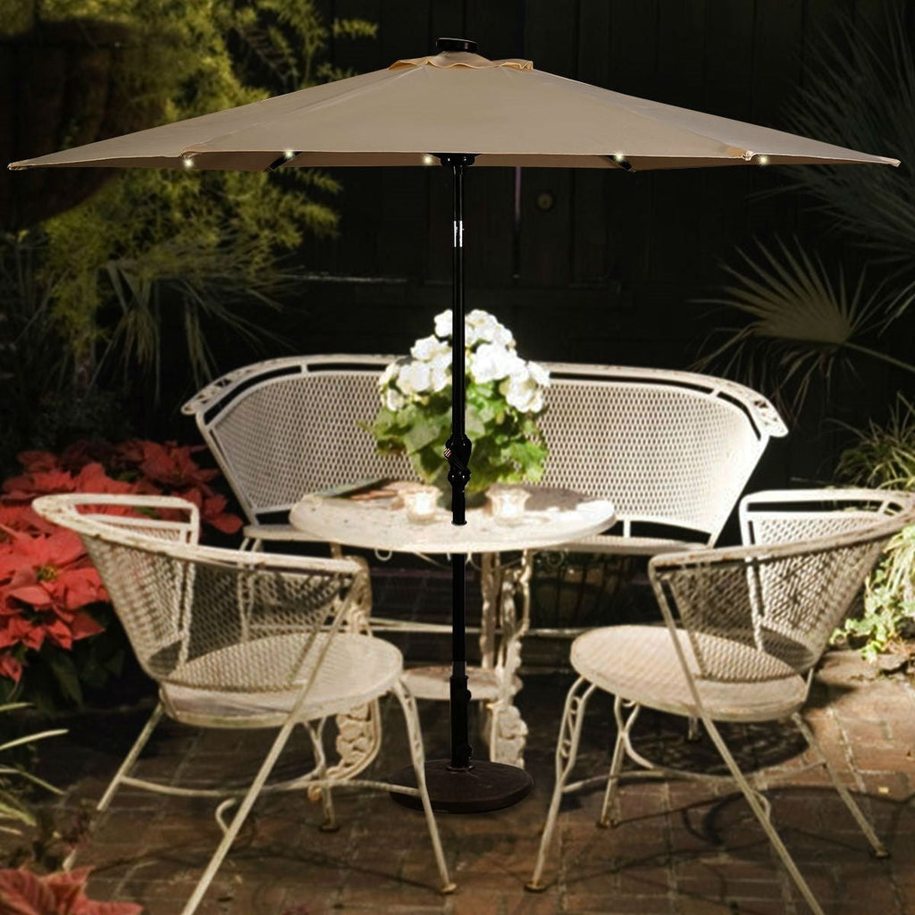 Beige 9-Ft Patio Umbrella with Steel Pole Crank Tilt and Solar LED Lights - Deals Kiosk
