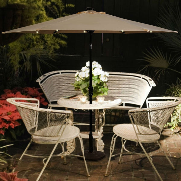 Beige 9-Ft Patio Umbrella with Steel Pole Crank Tilt and Solar LED Lights - Deals Kiosk