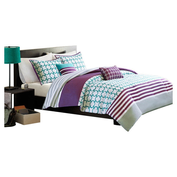 Full/Queen 5-Piece Comforter Set in Purple White Teal Circles & Stripes - Deals Kiosk