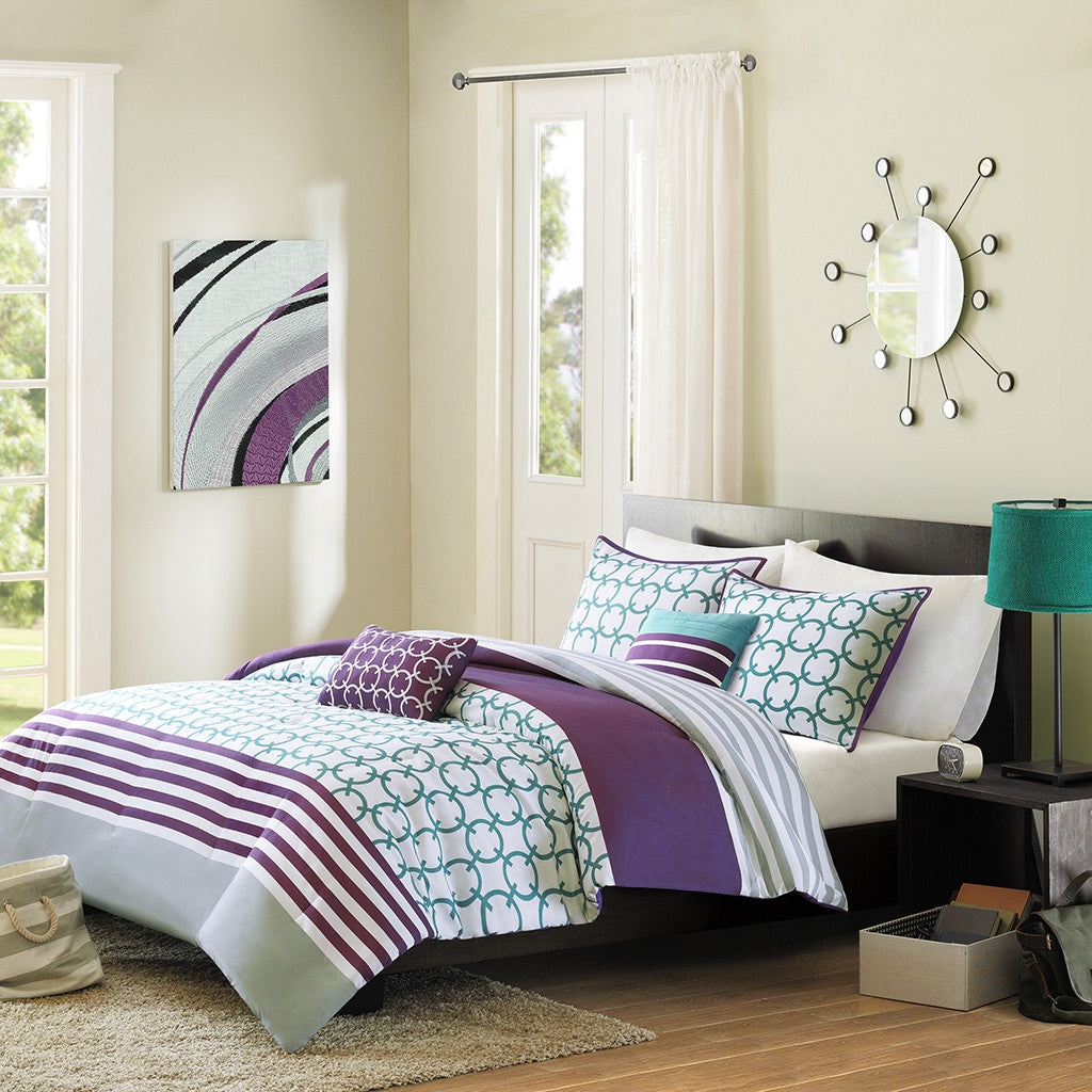Full/Queen 5-Piece Comforter Set in Purple White Teal Circles & Stripes - Deals Kiosk