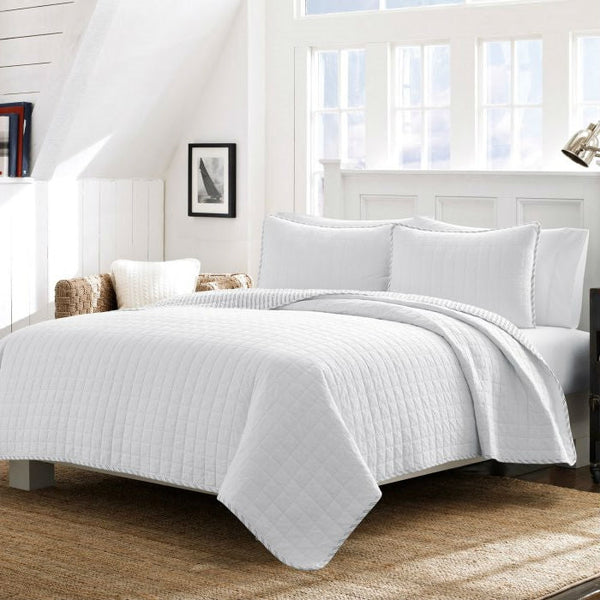 Full/Queen White Reversible 100% Cotton Square Stitch Quilt Set - Deals Kiosk