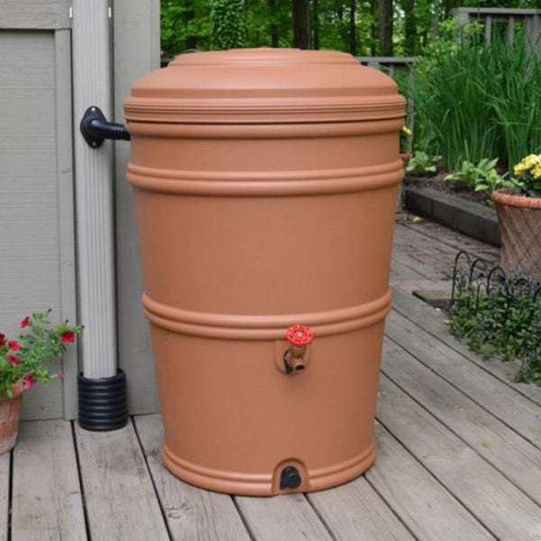 45-Gallon Plastic Rain Barrel with Flexi-Fit Rain Gutter Diverter in Terra Cotta - Deals Kiosk