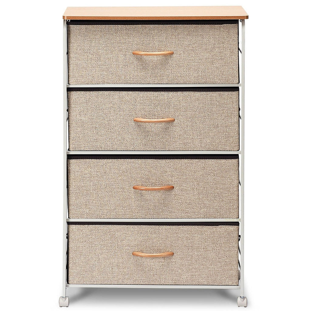 4-Tier Wood Top Dresser with 4 Linen Beige Fabric Drawers on wheels