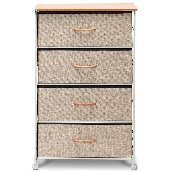 4-Tier Wood Top Dresser with 4 Linen Beige Fabric Drawers on wheels