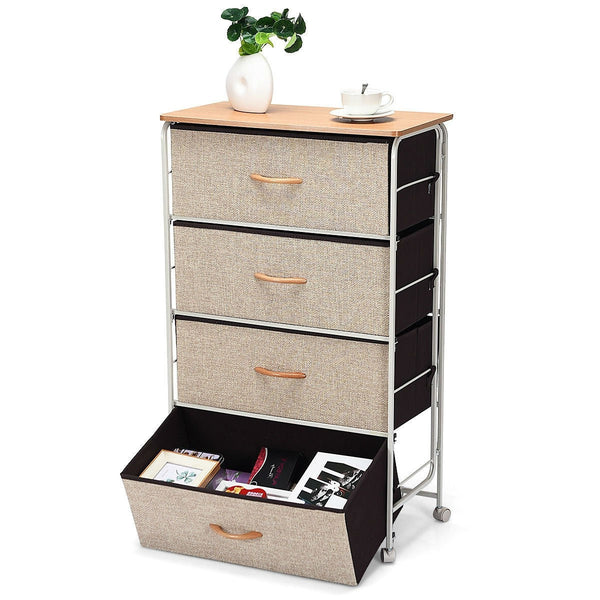 4-Tier Wood Top Dresser with 4 Linen Beige Fabric Drawers on wheels - Deals Kiosk