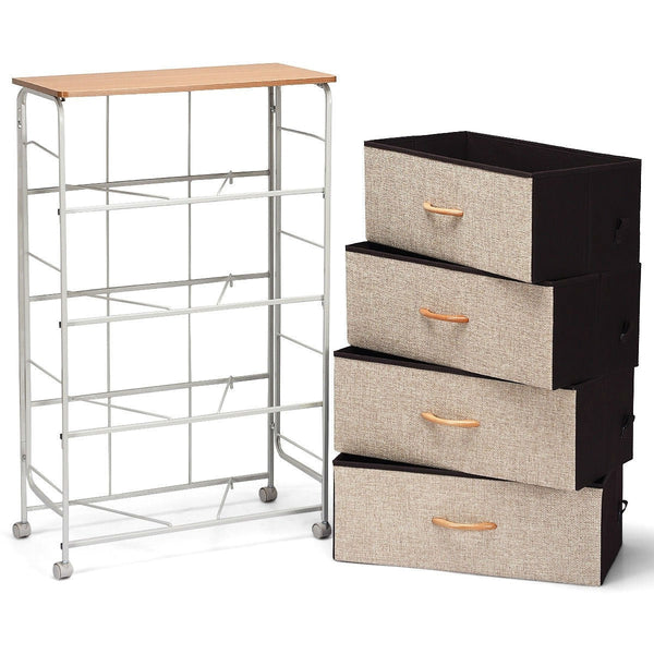 4-Tier Wood Top Dresser with 4 Linen Beige Fabric Drawers on wheels - Deals Kiosk